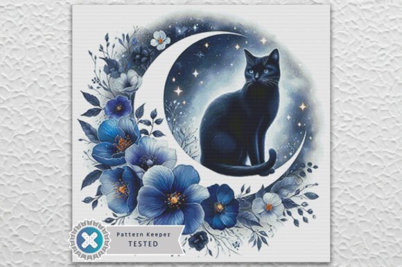 Cross Stitch Pattern PDF Floral Cat Moon