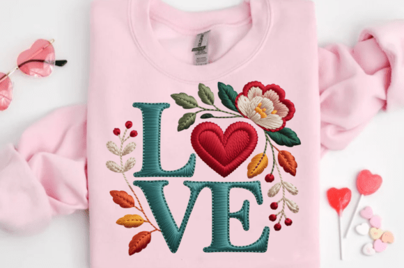 LOVE Heart Floral Embroidery PNG Design
