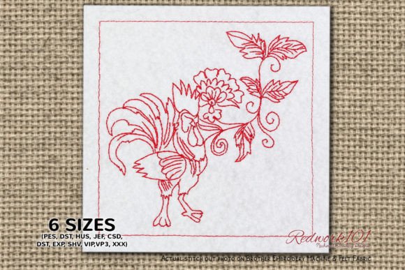 Rooster with Floral Pattern Redwork Review